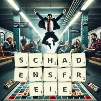 Kreative Illustration für ein Scrabble-Spiel, bei dem das Wort SCHADENSFREIE mit Steinen auf dem Brett gelegt wurde.