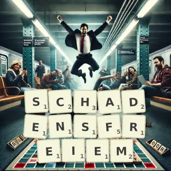 Kreative Illustration für ein Scrabble-Spiel, bei dem das Wort SCHADENSFREIEM mit Steinen auf dem Brett gelegt wurde.