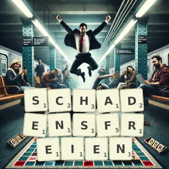 Kreative Illustration für ein Scrabble-Spiel, bei dem das Wort SCHADENSFREIEN mit Steinen auf dem Brett gelegt wurde.