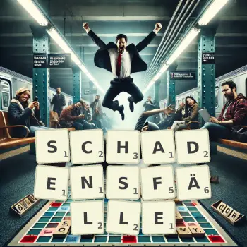 Kreative Illustration für ein Scrabble-Spiel, bei dem das Wort SCHADENSFÄLLE mit Steinen auf dem Brett gelegt wurde.