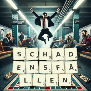 Kreative Illustration für ein Scrabble-Spiel, bei dem das Wort SCHADENSFÄLLEN mit Steinen auf dem Brett gelegt wurde.