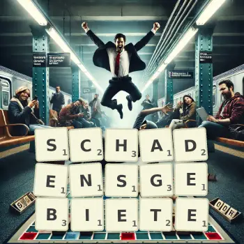 Kreative Illustration für ein Scrabble-Spiel, bei dem das Wort SCHADENSGEBIETE mit Steinen auf dem Brett gelegt wurde.