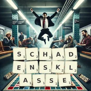 Kreative Illustration für ein Scrabble-Spiel, bei dem das Wort SCHADENSKLASSE mit Steinen auf dem Brett gelegt wurde.