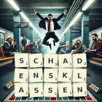 Kreative Illustration für ein Scrabble-Spiel, bei dem das Wort SCHADENSKLASSEN mit Steinen auf dem Brett gelegt wurde.