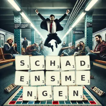 Kreative Illustration für ein Scrabble-Spiel, bei dem das Wort SCHADENSMENGEN mit Steinen auf dem Brett gelegt wurde.