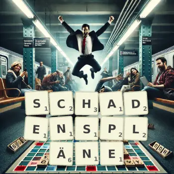 Kreative Illustration für ein Scrabble-Spiel, bei dem das Wort SCHADENSPLÄNE mit Steinen auf dem Brett gelegt wurde.