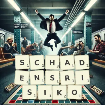 Kreative Illustration für ein Scrabble-Spiel, bei dem das Wort SCHADENSRISIKO mit Steinen auf dem Brett gelegt wurde.