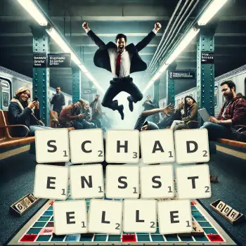 Kreative Illustration für ein Scrabble-Spiel, bei dem das Wort SCHADENSSTELLE mit Steinen auf dem Brett gelegt wurde.