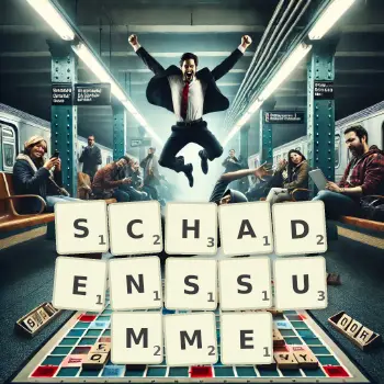 Kreative Illustration für ein Scrabble-Spiel, bei dem das Wort SCHADENSSUMME mit Steinen auf dem Brett gelegt wurde.