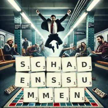 Kreative Illustration für ein Scrabble-Spiel, bei dem das Wort SCHADENSSUMMEN mit Steinen auf dem Brett gelegt wurde.