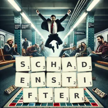 Kreative Illustration für ein Scrabble-Spiel, bei dem das Wort SCHADENSTIFTER mit Steinen auf dem Brett gelegt wurde.