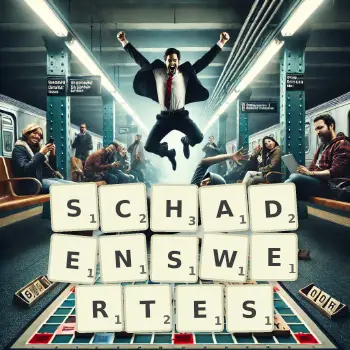 Kreative Illustration für ein Scrabble-Spiel, bei dem das Wort SCHADENSWERTES mit Steinen auf dem Brett gelegt wurde.