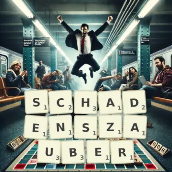 Kreative Illustration für ein Scrabble-Spiel, bei dem das Wort SCHADENSZAUBER mit Steinen auf dem Brett gelegt wurde.