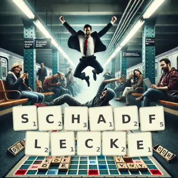 Kreative Illustration für ein Scrabble-Spiel, bei dem das Wort SCHADFLECKE mit Steinen auf dem Brett gelegt wurde.