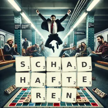 Kreative Illustration für ein Scrabble-Spiel, bei dem das Wort SCHADHAFTEREN mit Steinen auf dem Brett gelegt wurde.