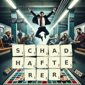 Kreative Illustration für ein Scrabble-Spiel, bei dem das Wort SCHADHAFTERER mit Steinen auf dem Brett gelegt wurde.