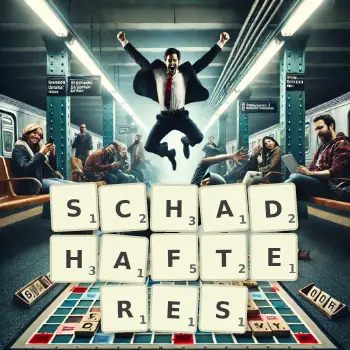 Kreative Illustration für ein Scrabble-Spiel, bei dem das Wort SCHADHAFTERES mit Steinen auf dem Brett gelegt wurde.
