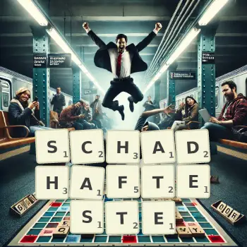Kreative Illustration für ein Scrabble-Spiel, bei dem das Wort SCHADHAFTESTE mit Steinen auf dem Brett gelegt wurde.