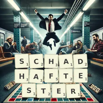 Kreative Illustration für ein Scrabble-Spiel, bei dem das Wort SCHADHAFTESTER mit Steinen auf dem Brett gelegt wurde.