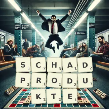 Kreative Illustration für ein Scrabble-Spiel, bei dem das Wort SCHADPRODUKTE mit Steinen auf dem Brett gelegt wurde.