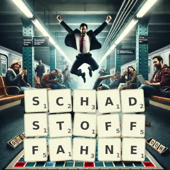 Kreative Illustration für ein Scrabble-Spiel, bei dem das Wort SCHADSTOFFFAHNE mit Steinen auf dem Brett gelegt wurde.