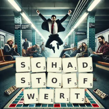 Kreative Illustration für ein Scrabble-Spiel, bei dem das Wort SCHADSTOFFWERT mit Steinen auf dem Brett gelegt wurde.