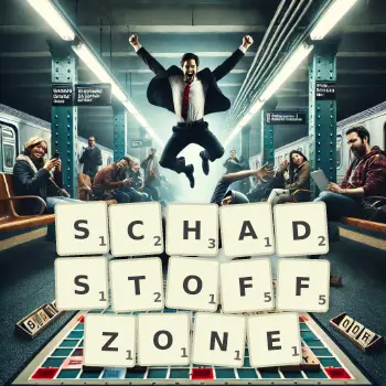 Kreative Illustration für ein Scrabble-Spiel, bei dem das Wort SCHADSTOFFZONE mit Steinen auf dem Brett gelegt wurde.