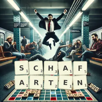 Kreative Illustration für ein Scrabble-Spiel, bei dem das Wort SCHAFARTEN mit Steinen auf dem Brett gelegt wurde.