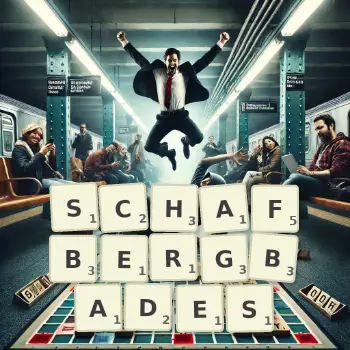 Kreative Illustration für ein Scrabble-Spiel, bei dem das Wort SCHAFBERGBADES mit Steinen auf dem Brett gelegt wurde.