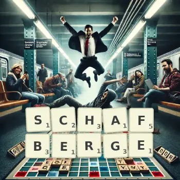 Kreative Illustration für ein Scrabble-Spiel, bei dem das Wort SCHAFBERGE mit Steinen auf dem Brett gelegt wurde.