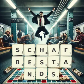 Kreative Illustration für ein Scrabble-Spiel, bei dem das Wort SCHAFBESTANDS mit Steinen auf dem Brett gelegt wurde.