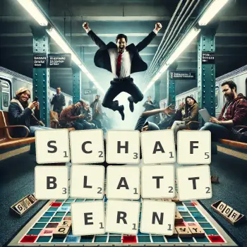 Kreative Illustration für ein Scrabble-Spiel, bei dem das Wort SCHAFBLATTERN mit Steinen auf dem Brett gelegt wurde.