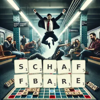 Kreative Illustration für ein Scrabble-Spiel, bei dem das Wort SCHAFFBARE mit Steinen auf dem Brett gelegt wurde.