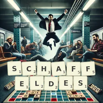 Kreative Illustration für ein Scrabble-Spiel, bei dem das Wort SCHAFFELDES mit Steinen auf dem Brett gelegt wurde.
