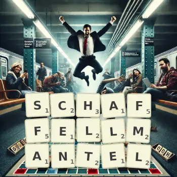 Kreative Illustration für ein Scrabble-Spiel, bei dem das Wort SCHAFFELLMANTEL mit Steinen auf dem Brett gelegt wurde.