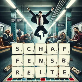Kreative Illustration für ein Scrabble-Spiel, bei dem das Wort SCHAFFENSBREITE mit Steinen auf dem Brett gelegt wurde.
