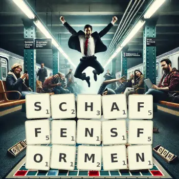 Kreative Illustration für ein Scrabble-Spiel, bei dem das Wort SCHAFFENSFORMEN mit Steinen auf dem Brett gelegt wurde.