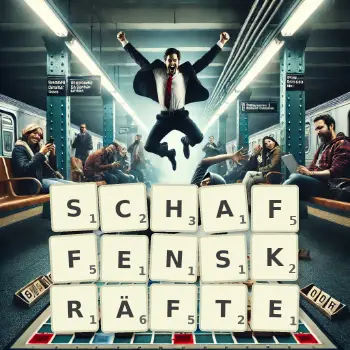 Kreative Illustration für ein Scrabble-Spiel, bei dem das Wort SCHAFFENSKRÄFTE mit Steinen auf dem Brett gelegt wurde.