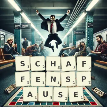 Kreative Illustration für ein Scrabble-Spiel, bei dem das Wort SCHAFFENSPAUSE mit Steinen auf dem Brett gelegt wurde.