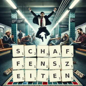 Kreative Illustration für ein Scrabble-Spiel, bei dem das Wort SCHAFFENSZEITEN mit Steinen auf dem Brett gelegt wurde.