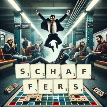 Kreative Illustration für ein Scrabble-Spiel, bei dem das Wort SCHAFFERS mit Steinen auf dem Brett gelegt wurde.