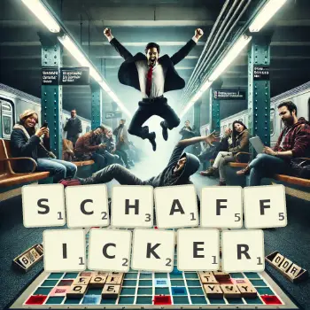 Kreative Illustration für ein Scrabble-Spiel, bei dem das Wort SCHAFFICKER mit Steinen auf dem Brett gelegt wurde.