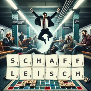 Kreative Illustration für ein Scrabble-Spiel, bei dem das Wort SCHAFFLEISCH mit Steinen auf dem Brett gelegt wurde.