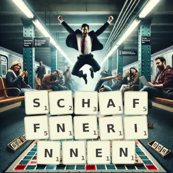 Kreative Illustration für ein Scrabble-Spiel, bei dem das Wort SCHAFFNERINNEN mit Steinen auf dem Brett gelegt wurde.