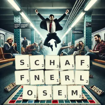 Kreative Illustration für ein Scrabble-Spiel, bei dem das Wort SCHAFFNERLOSEM mit Steinen auf dem Brett gelegt wurde.