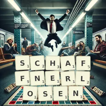 Kreative Illustration für ein Scrabble-Spiel, bei dem das Wort SCHAFFNERLOSEN mit Steinen auf dem Brett gelegt wurde.