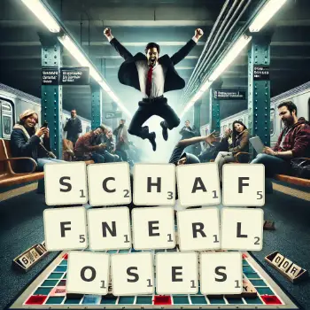 Kreative Illustration für ein Scrabble-Spiel, bei dem das Wort SCHAFFNERLOSES mit Steinen auf dem Brett gelegt wurde.