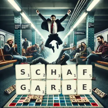 Kreative Illustration für ein Scrabble-Spiel, bei dem das Wort SCHAFGARBE mit Steinen auf dem Brett gelegt wurde.