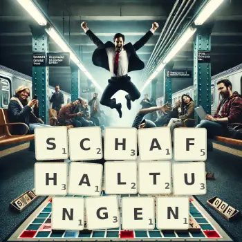 Kreative Illustration für ein Scrabble-Spiel, bei dem das Wort SCHAFHALTUNGEN mit Steinen auf dem Brett gelegt wurde.