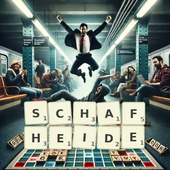 Kreative Illustration für ein Scrabble-Spiel, bei dem das Wort SCHAFHEIDE mit Steinen auf dem Brett gelegt wurde.